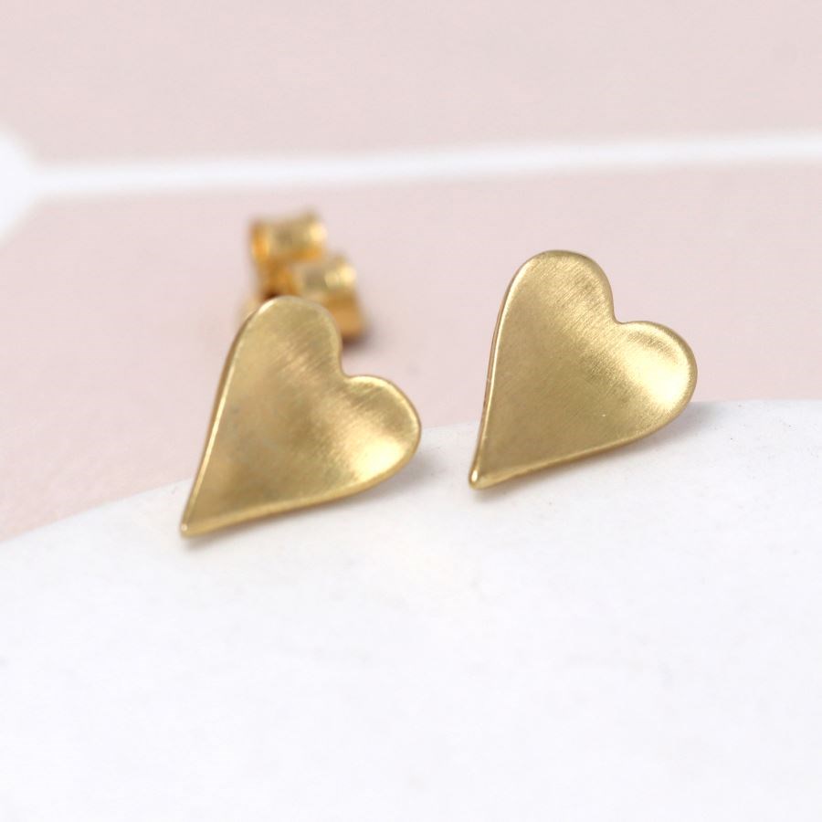 Gold Plated Concave Heart Stud Earrings with Satin Finish - Image 3