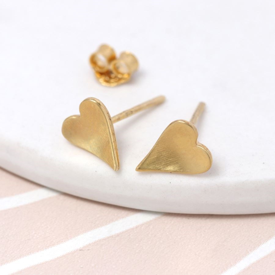 Gold Plated Concave Heart Stud Earrings with Satin Finish - Image 2