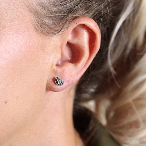 Sterling Silver and Marcasite Heart Stud Earrings - Image 3