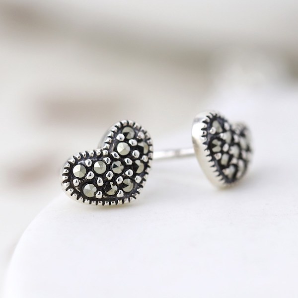 Sterling Silver and Marcasite Heart Stud Earrings
