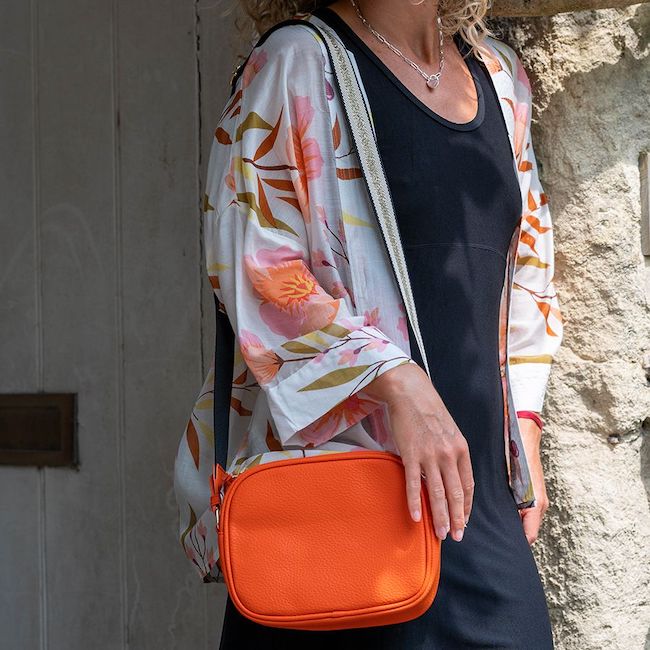 Camera Bag Orange Vegan Leather with Golden Strap