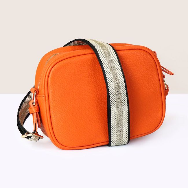 Camera Bag Orange Vegan Leather with Golden Strap - Image 2