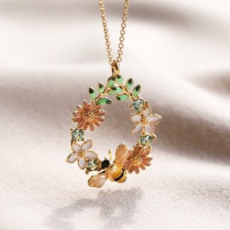 Crystal Flower and Bee Droplet Enamel Necklace
