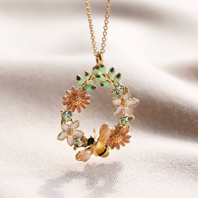 Crystal Flower and Bee Droplet Enamel Necklace