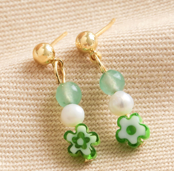 Green Millefiori Flower Drop Earrings in Gold