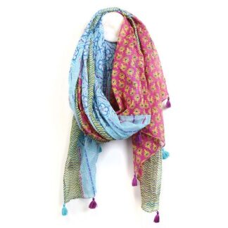 Cotton Multi Block Print Scarf in Blue, Red and Green